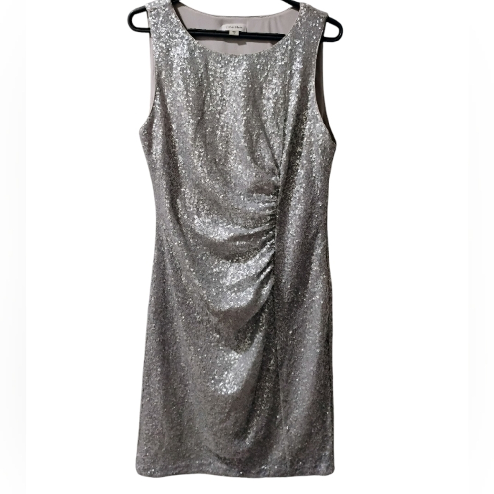 Calvin Klein Silver Ruched Sheath Mini Dress